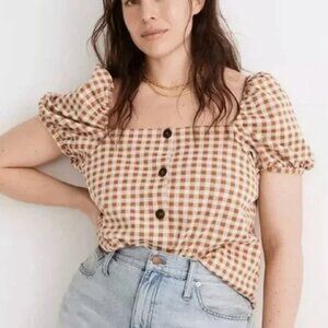 Madewell Gingham Jacquard Square-Neck Puff-Sleeve Top S